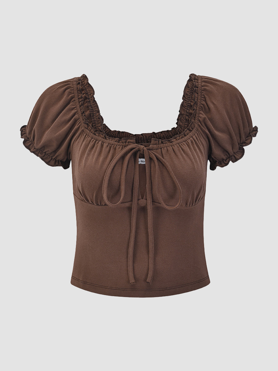 Puffy Sleeve Lace-up Slim Crop Top