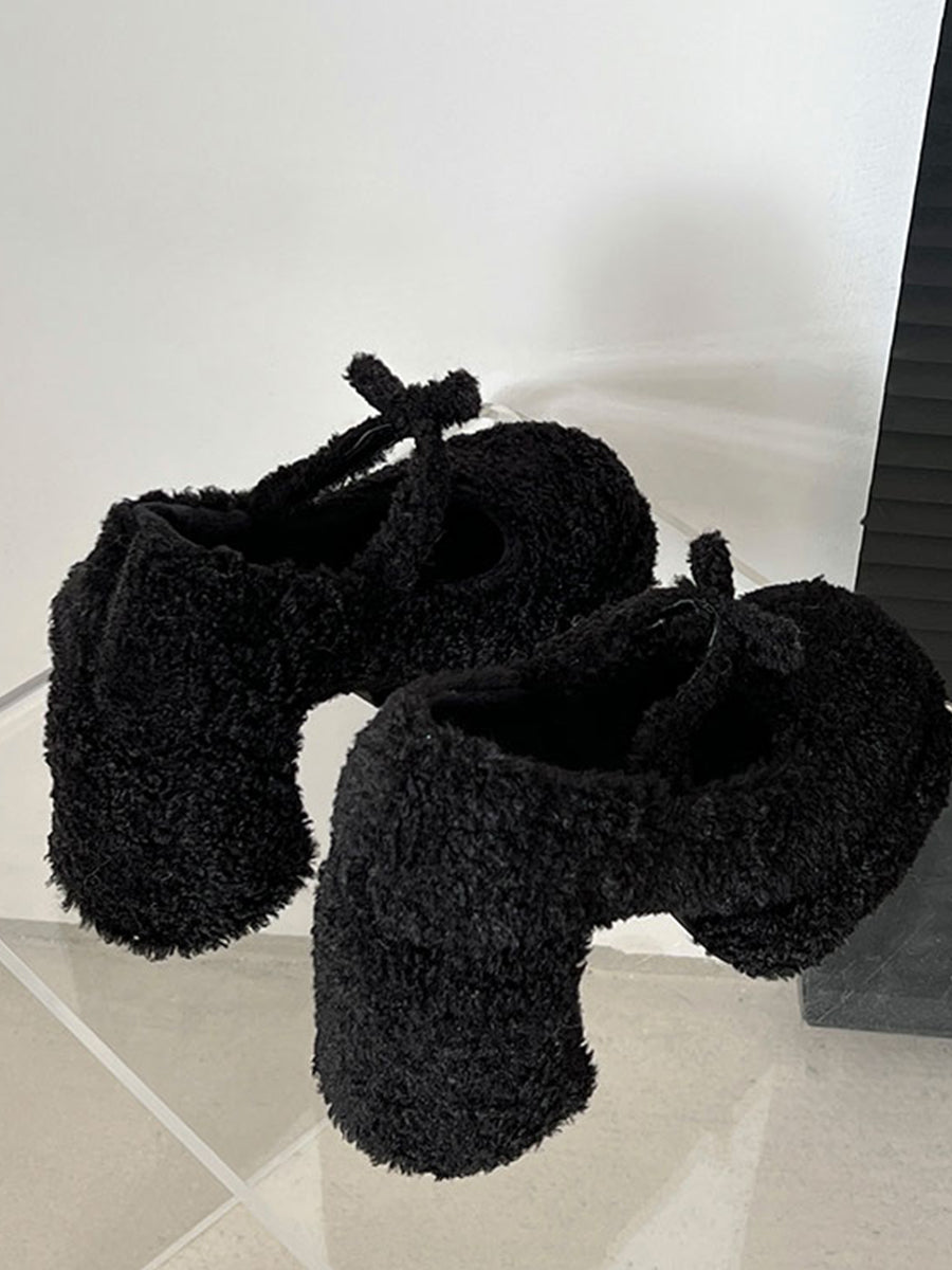 Fluffy Ankle Strap Chunky Heels Mary Jane Shoes