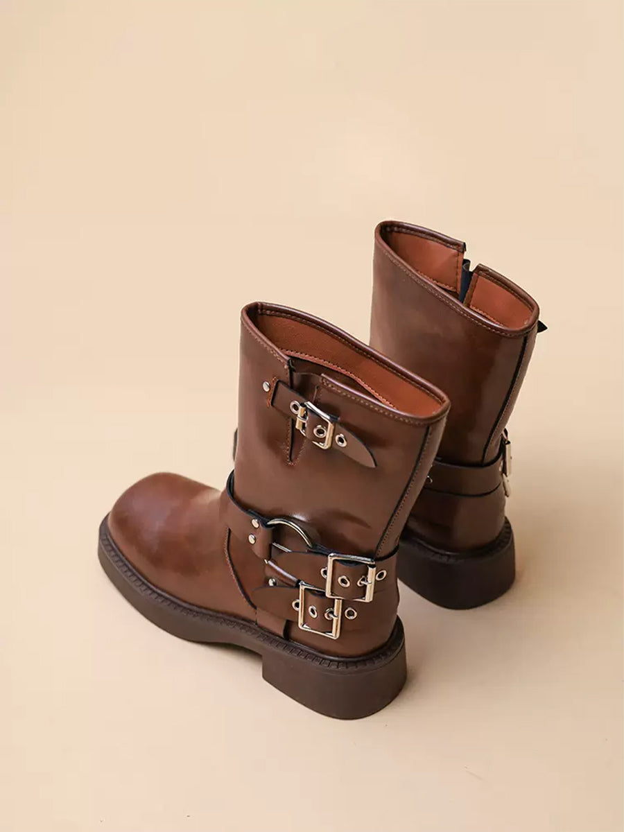 Women's Western Buckle Straps Chunky Heeled Side Zip Boots