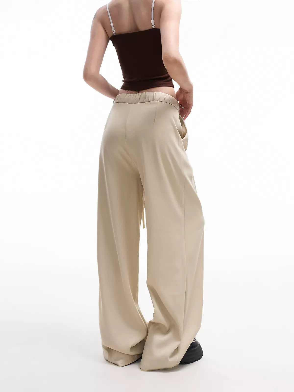 Khaki Loose Fit High Waist Drawstring Suit Pants