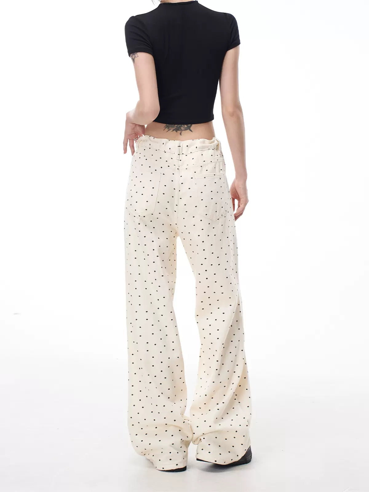Black Floral Polka Dot Drawstring Loose Fit Jeans