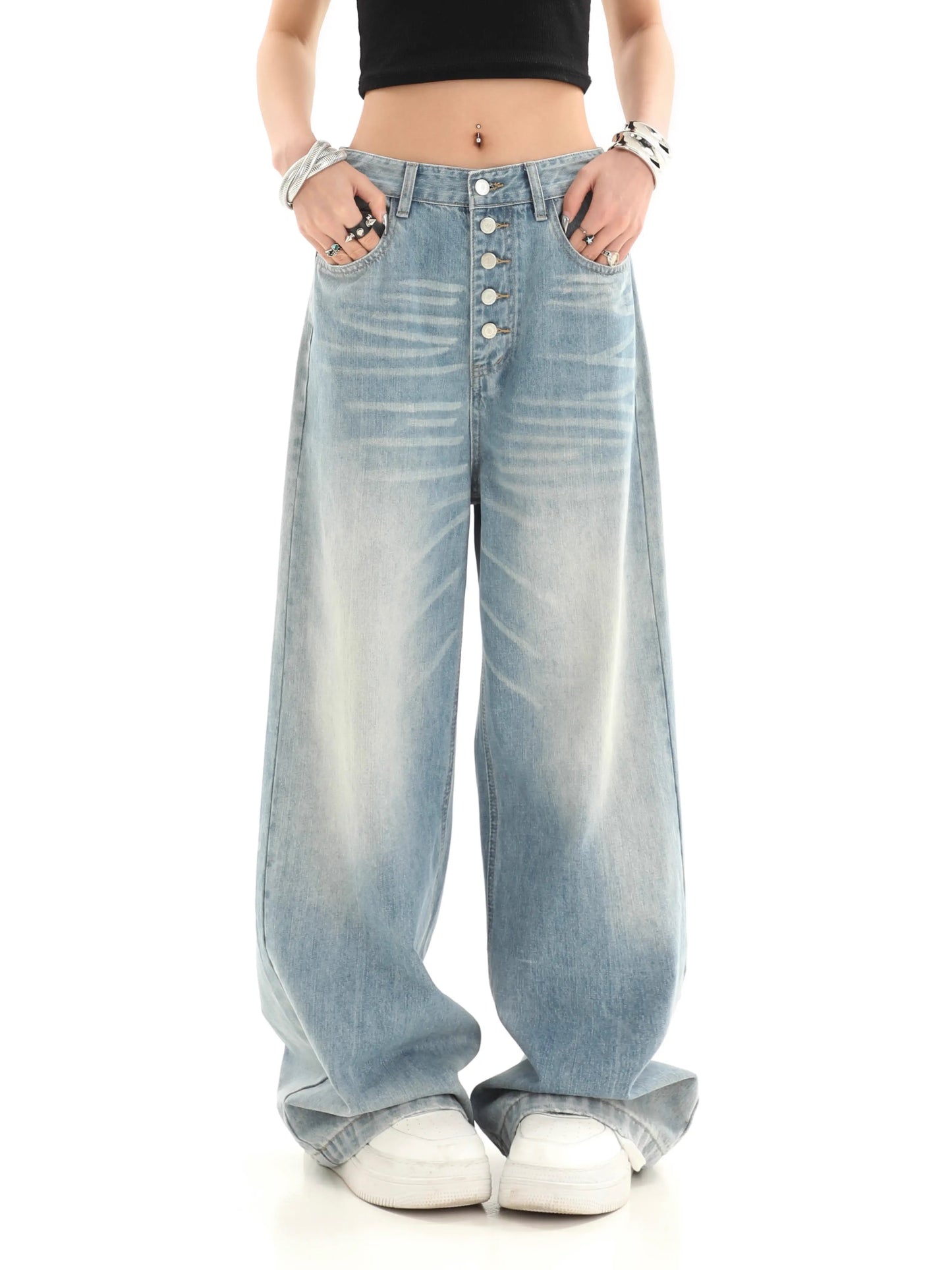 Multi-Row Button High Waist Loose Light Color Denim Jeans