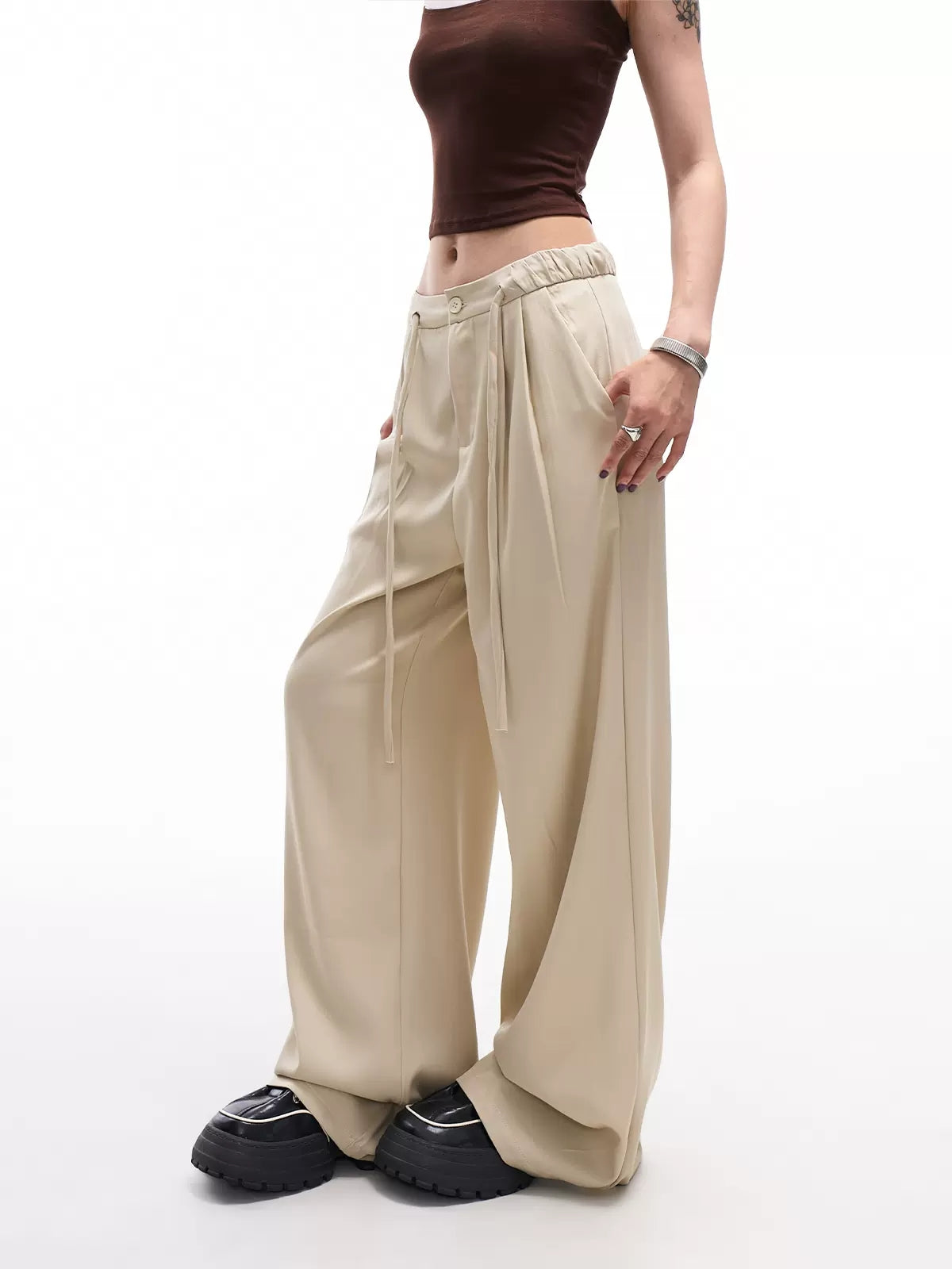 Khaki Loose Fit High Waist Drawstring Suit Pants