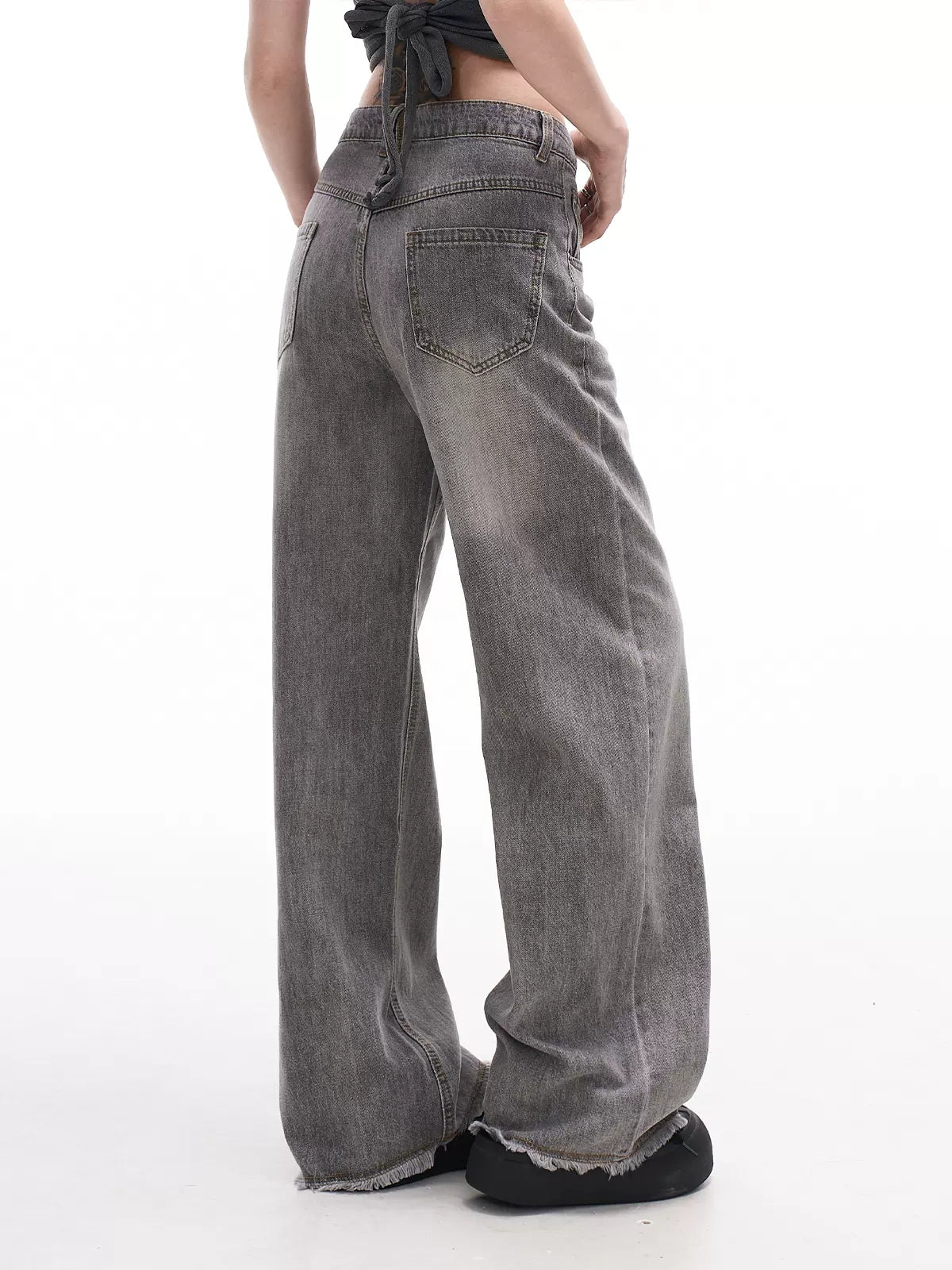 High Waisted Loose Raw Hem Jeans