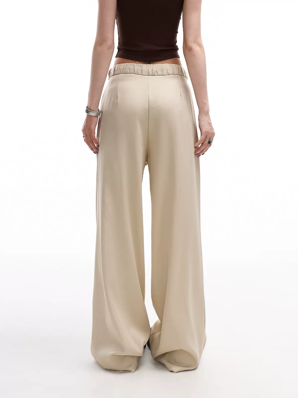 Khaki Loose Fit High Waist Drawstring Suit Pants