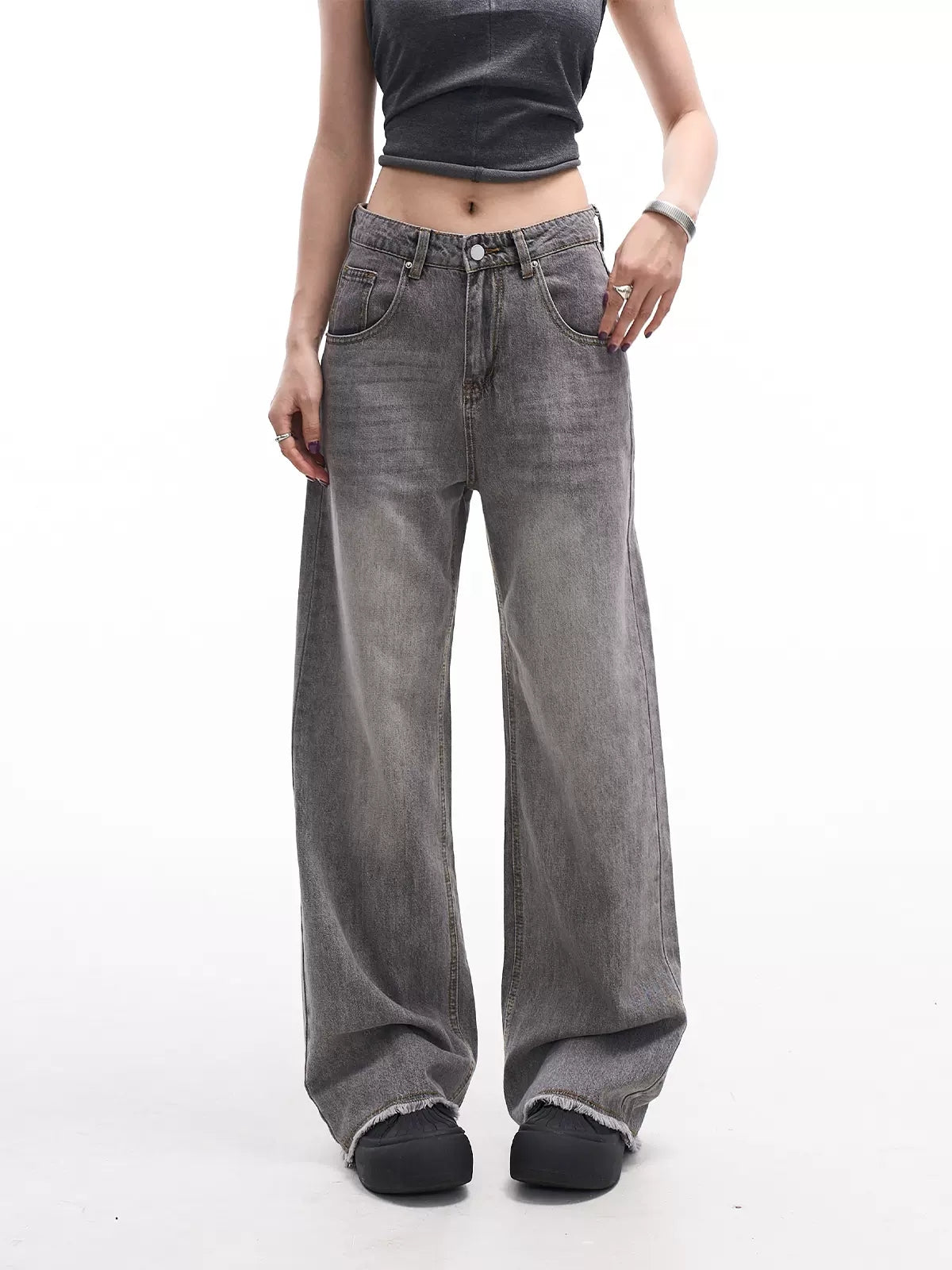 High Waisted Loose Raw Hem Jeans