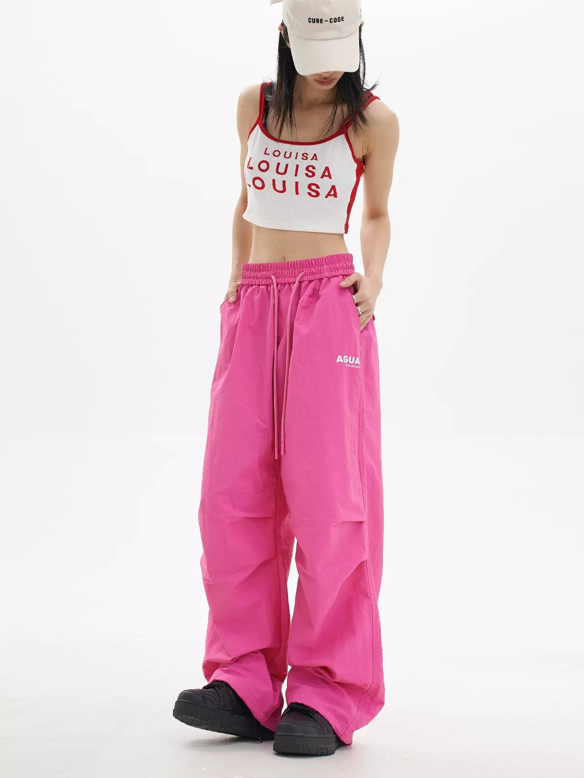 Loose High Waist Elasticized Drawstring Casual Pants Rose Red