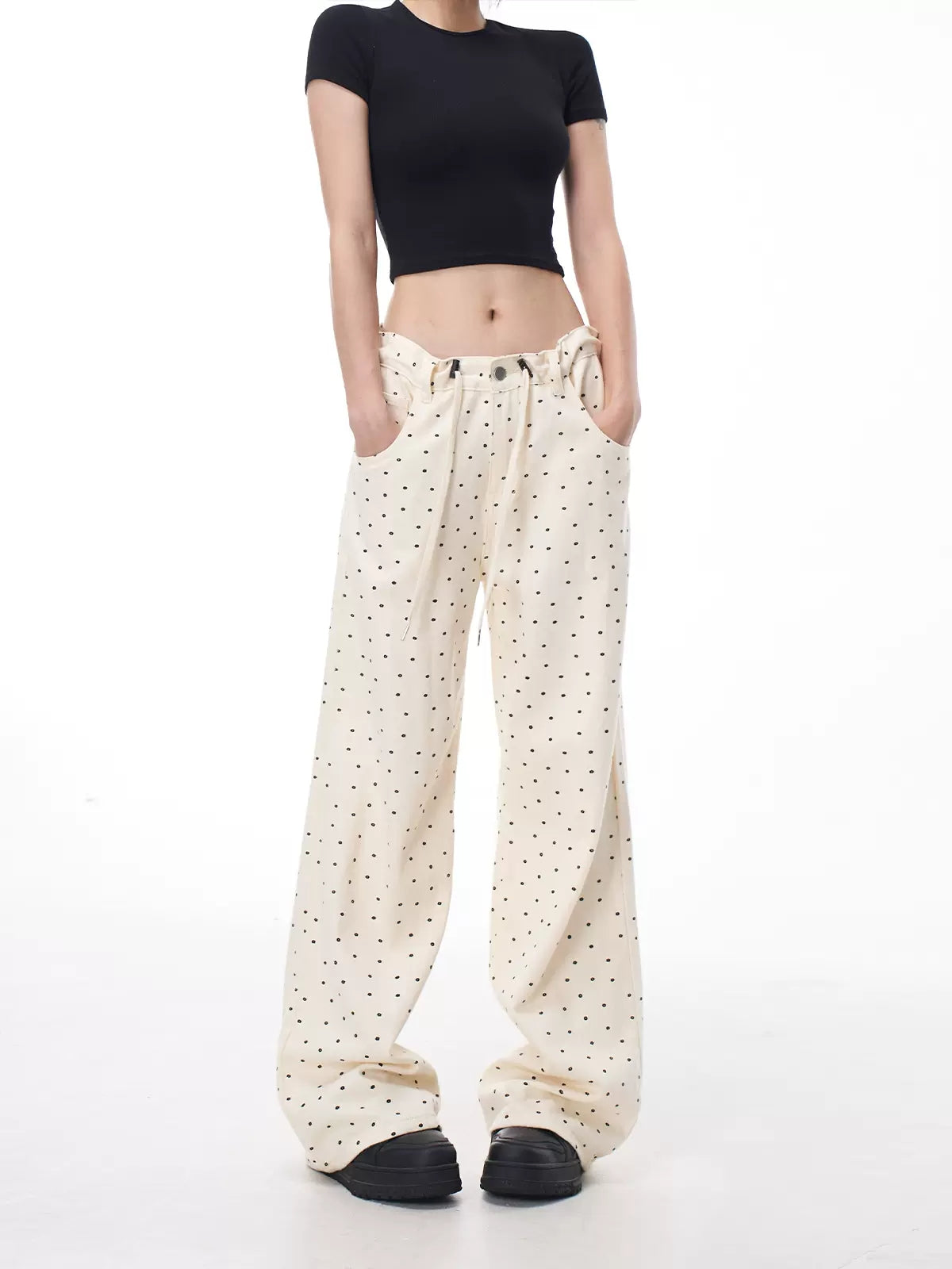 Black Floral Polka Dot Drawstring Loose Fit Jeans