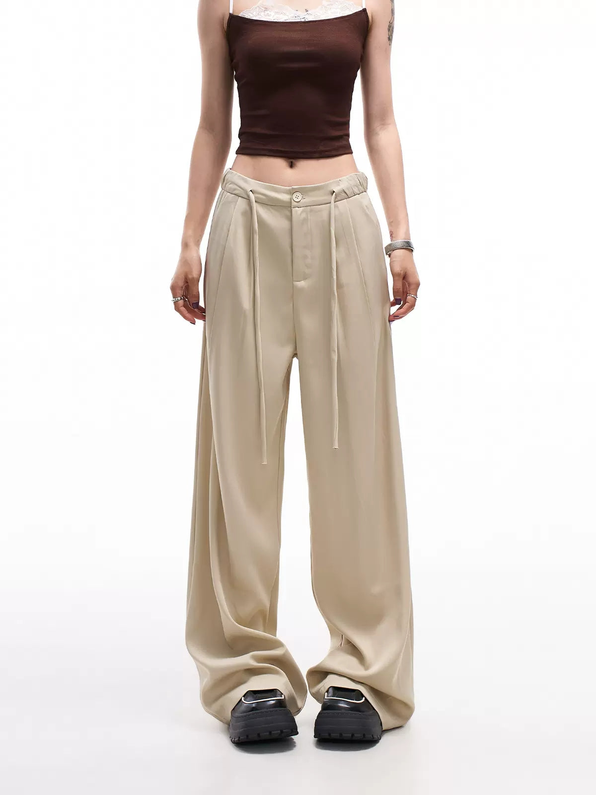 Khaki Loose Fit High Waist Drawstring Suit Pants