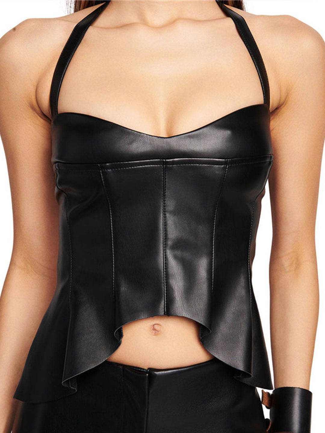 PU Irregular Hem Halter Crop Top