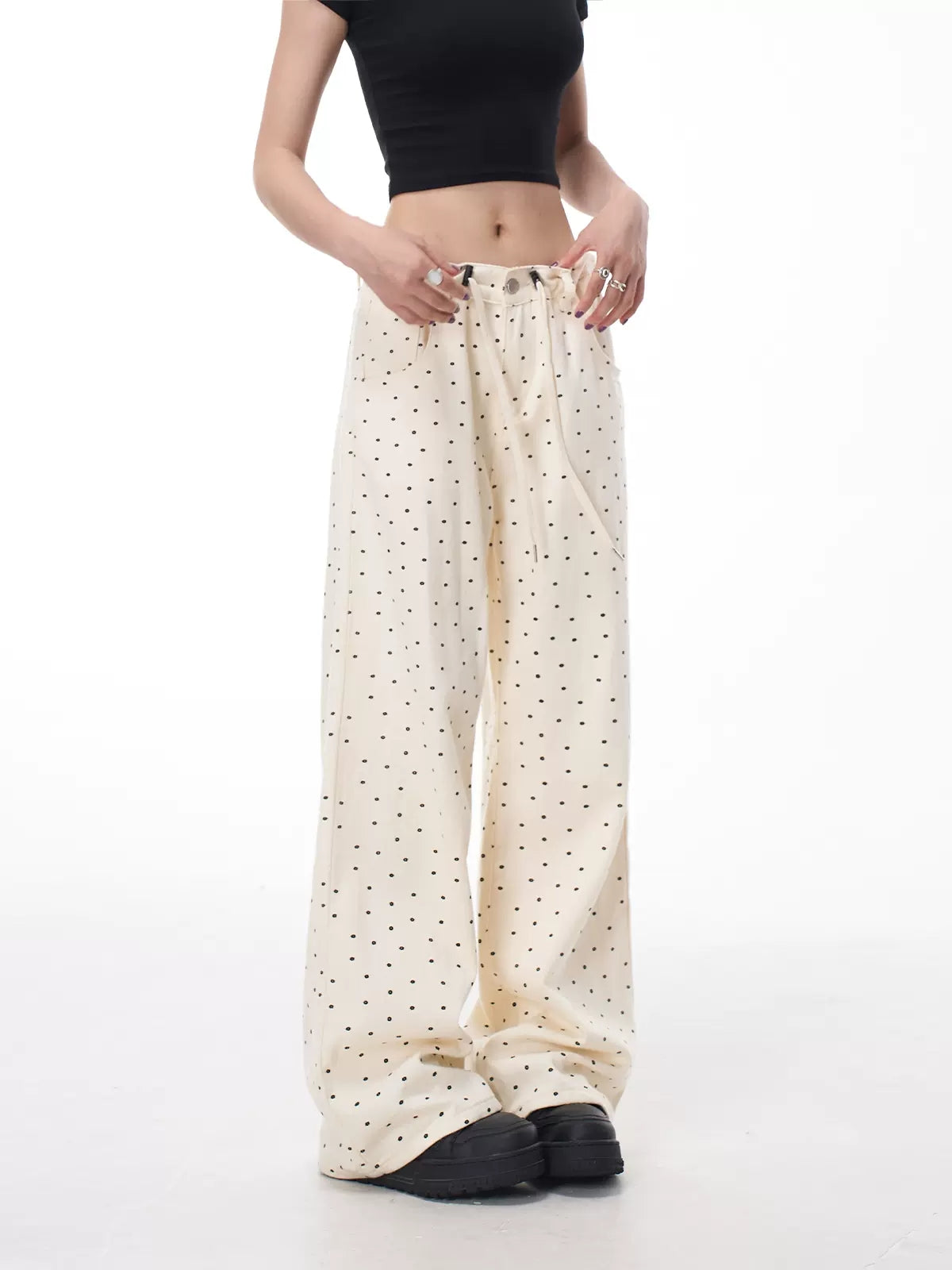 Black Floral Polka Dot Drawstring Loose Fit Jeans