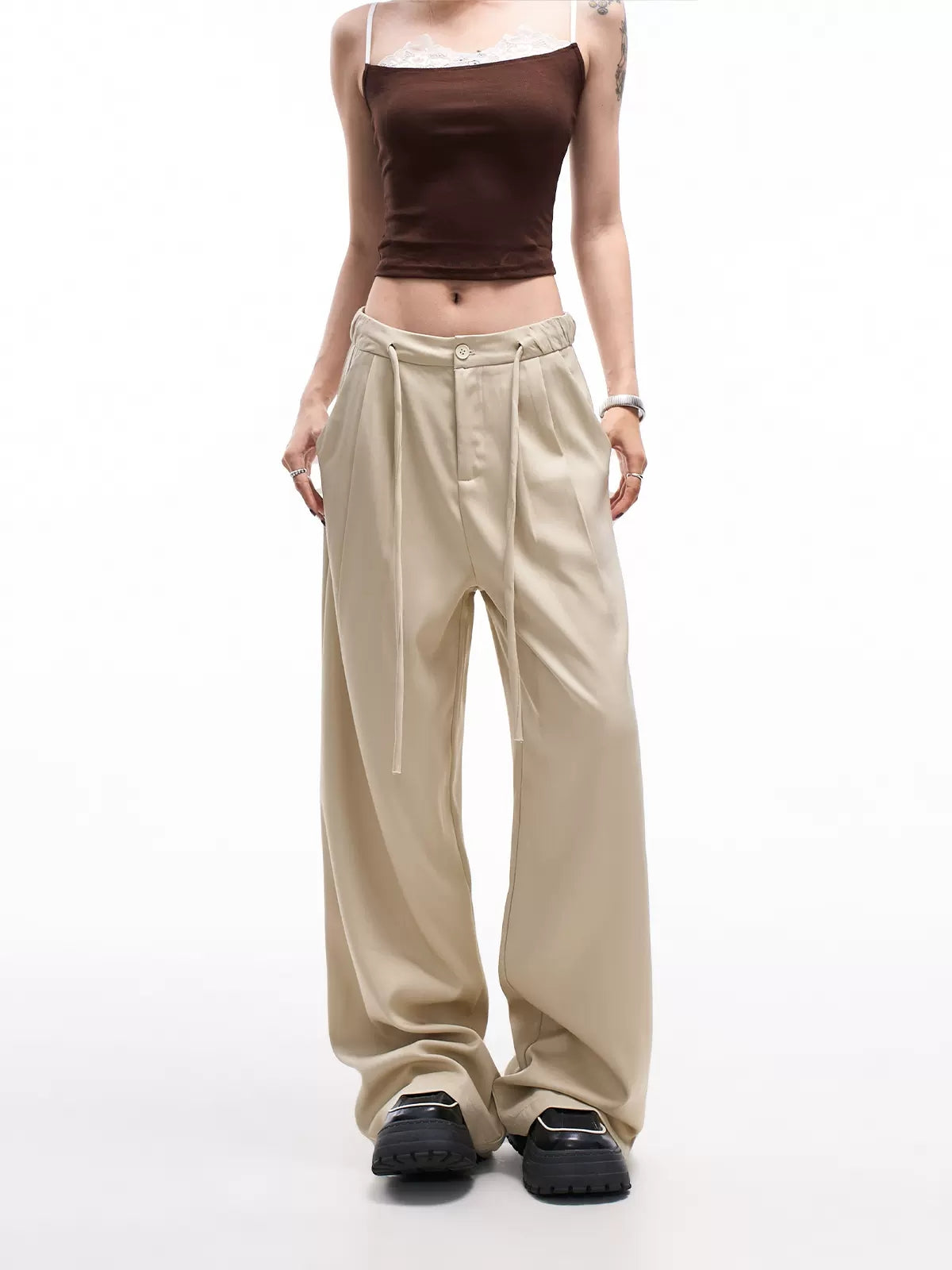 Khaki Loose Fit High Waist Drawstring Suit Pants