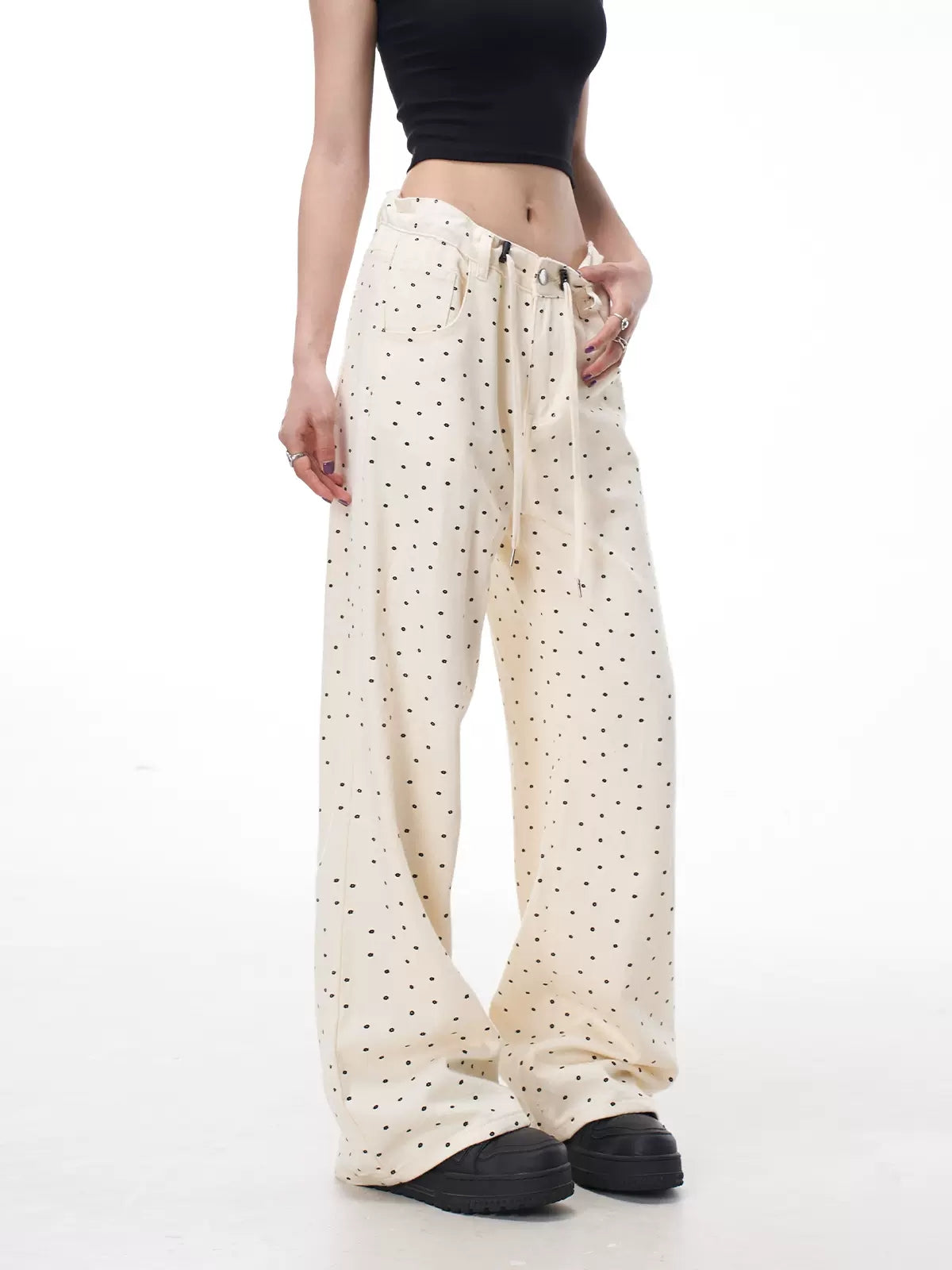 Black Floral Polka Dot Drawstring Loose Fit Jeans