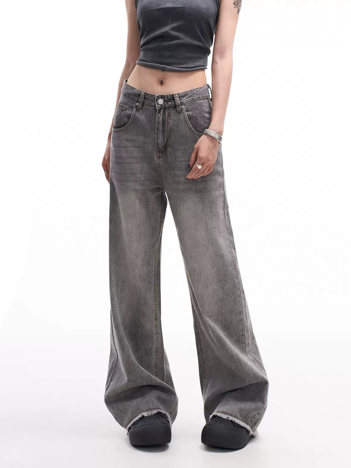 High Waisted Loose Raw Hem Jeans