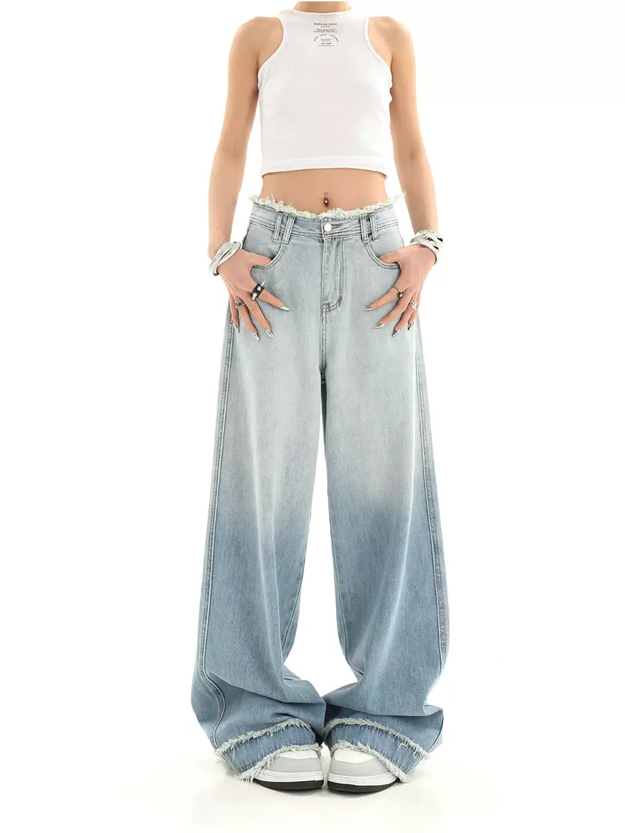 Vintage Loose Fit Gradient Color Raw Hem Jeans