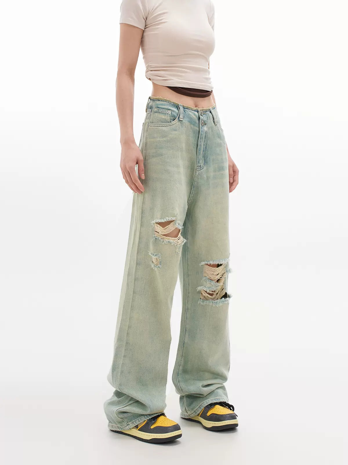 Vintage Light Color Loose Fit Ripped Denim Jeans