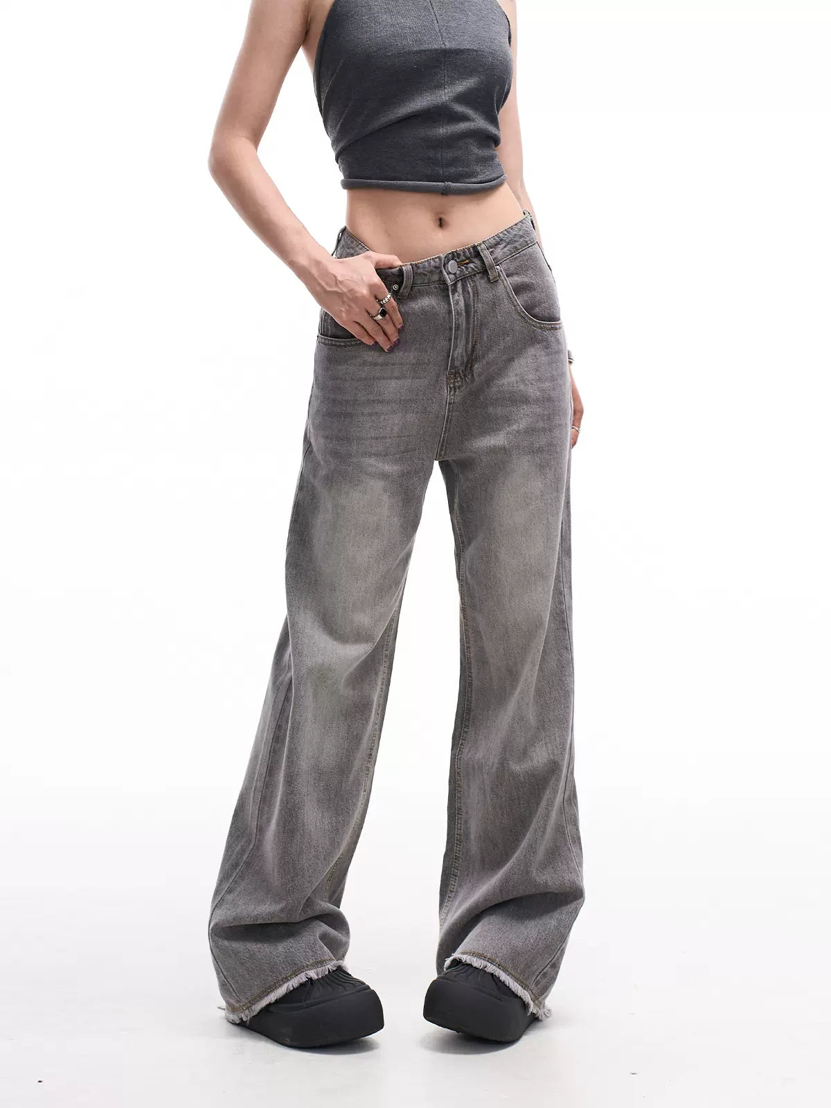 High Waisted Loose Raw Hem Jeans