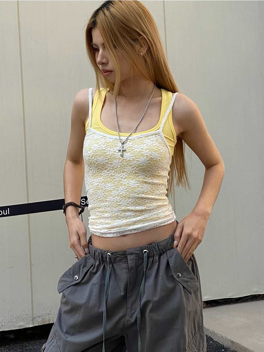 Two Piece Solid Color Stretch Tank + Lace Camisole Top