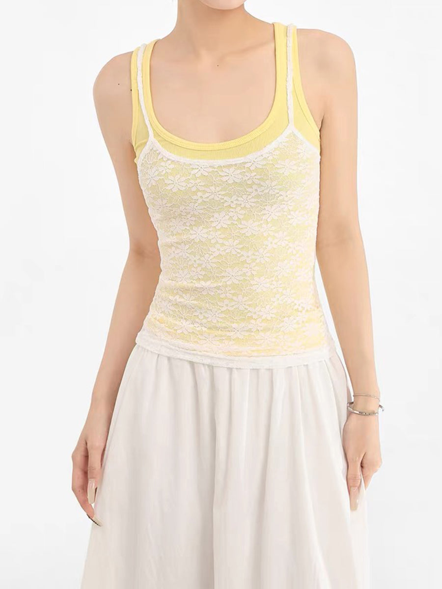 Two Piece Solid Color Stretch Tank + Lace Camisole Top