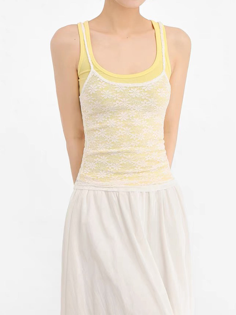 Two Piece Solid Color Stretch Tank + Lace Camisole Top