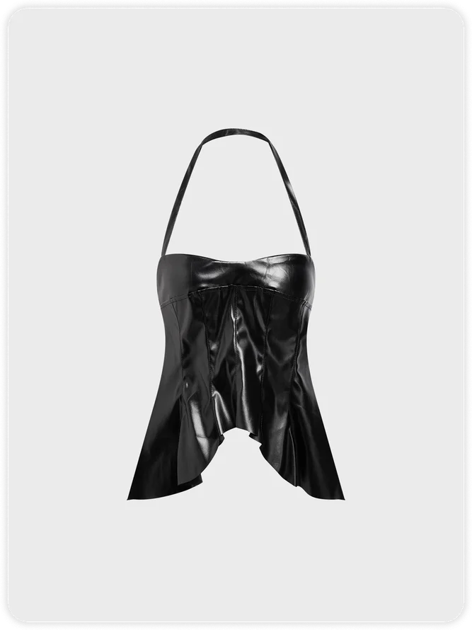 PU Irregular Hem Halter Crop Top