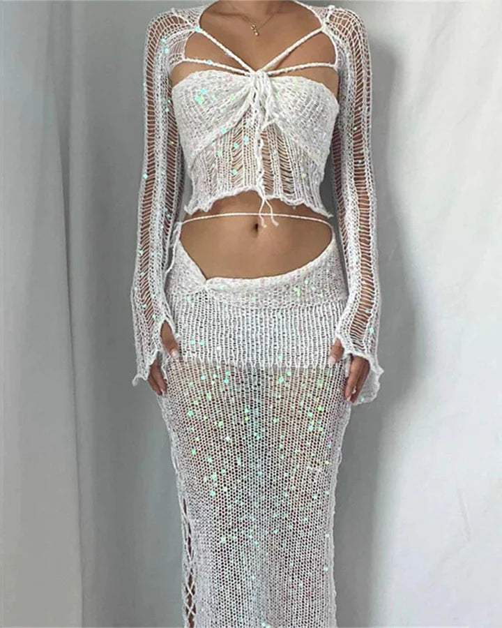 White Dazzling Crochet Short Skirt Coord Set