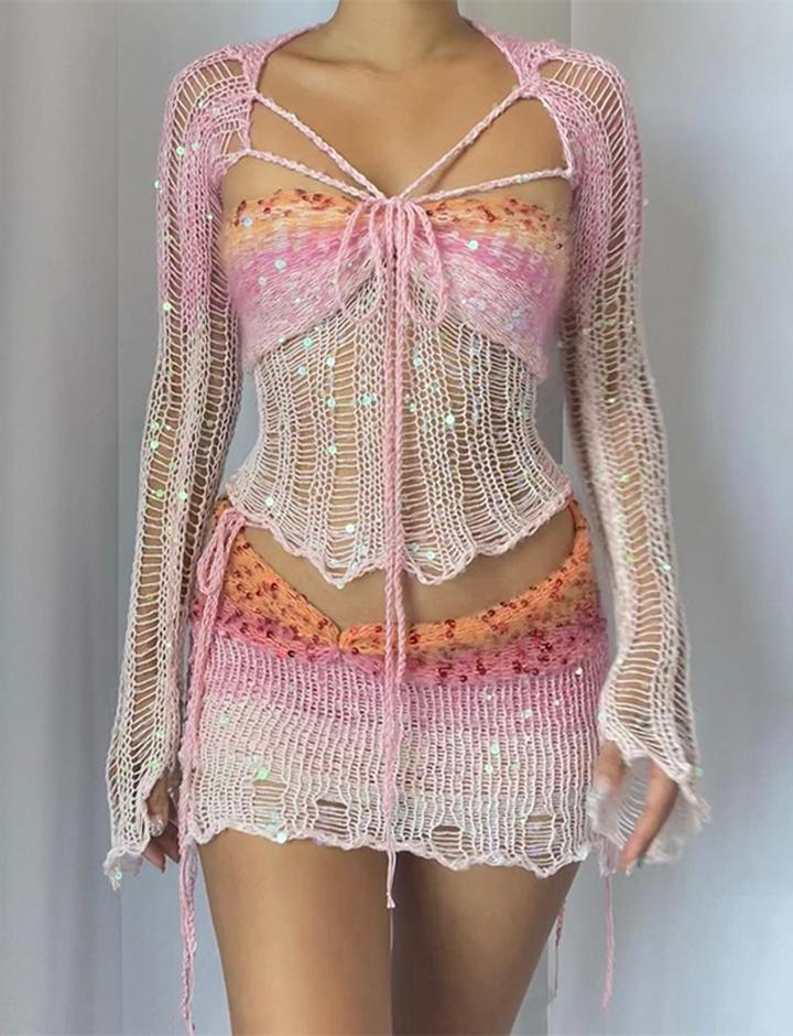 Blingbling Dazzling Crochet Short Skirt Coord Set