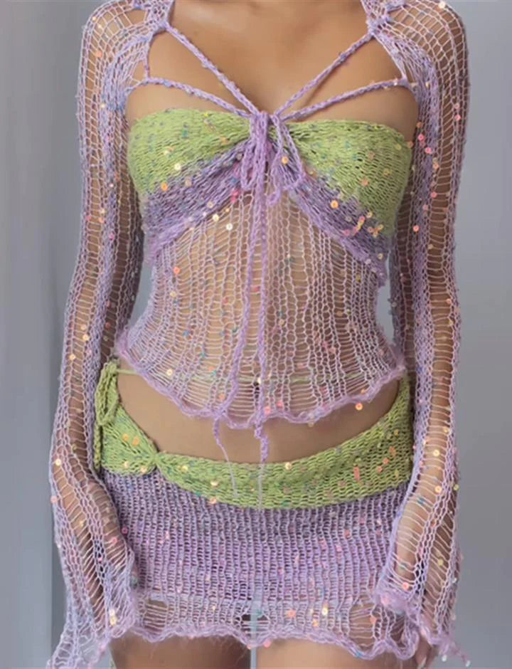 Blingbling Dazzling Crochet Short Skirt Coord Set