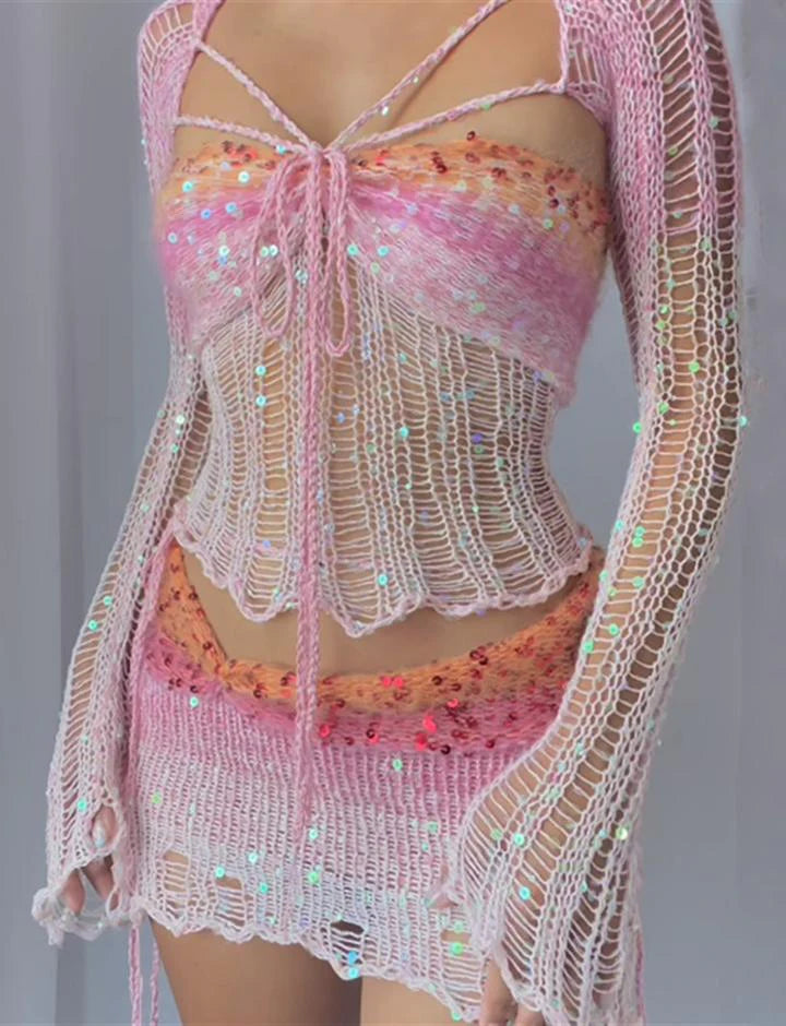 Blingbling Dazzling Crochet Short Skirt Coord Set