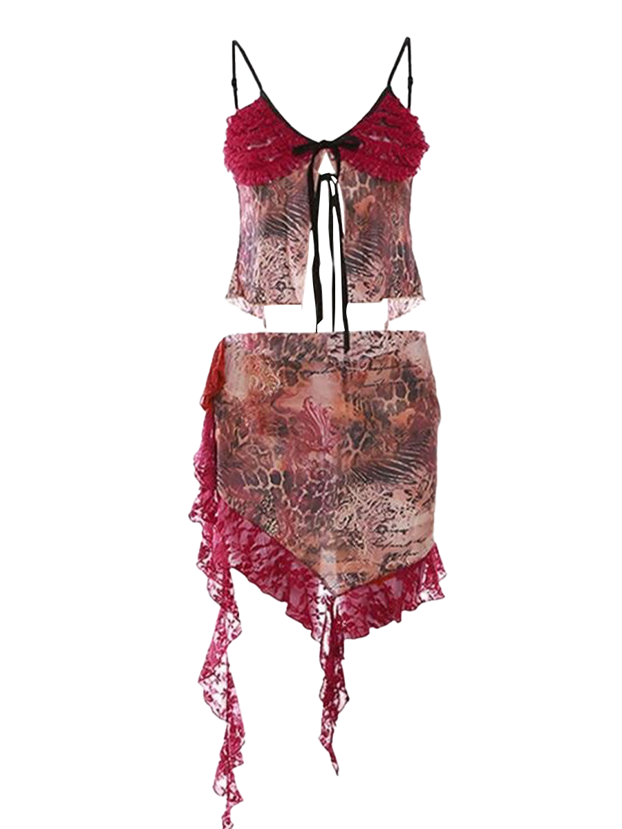 Red Lace Patchwork Print Chiffon Camisole Top + Skirt Two Piece Set