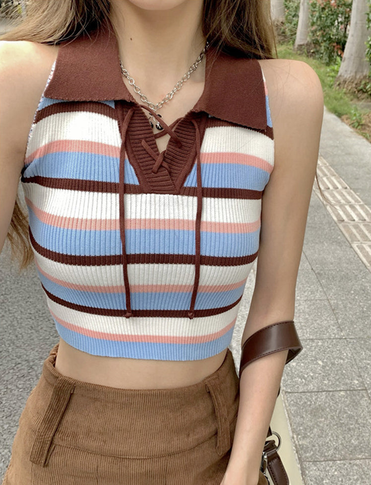 Stripes Collar Knit Tank Top