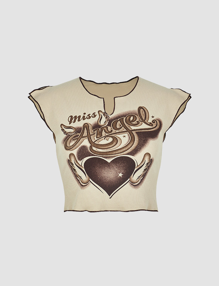 Vintage Slit Angel Print Top