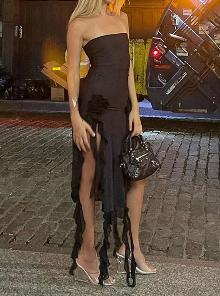Wrapped Panel Lace Slit Slim Midi Prom Dress