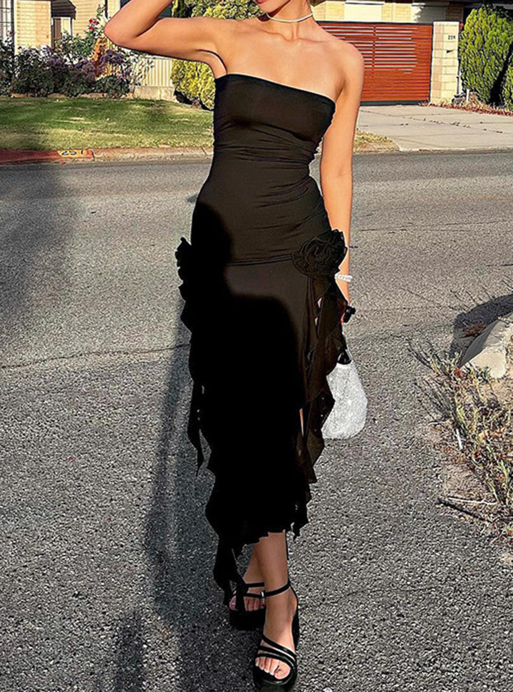 Wrapped Panel Lace Slit Slim Midi Prom Dress