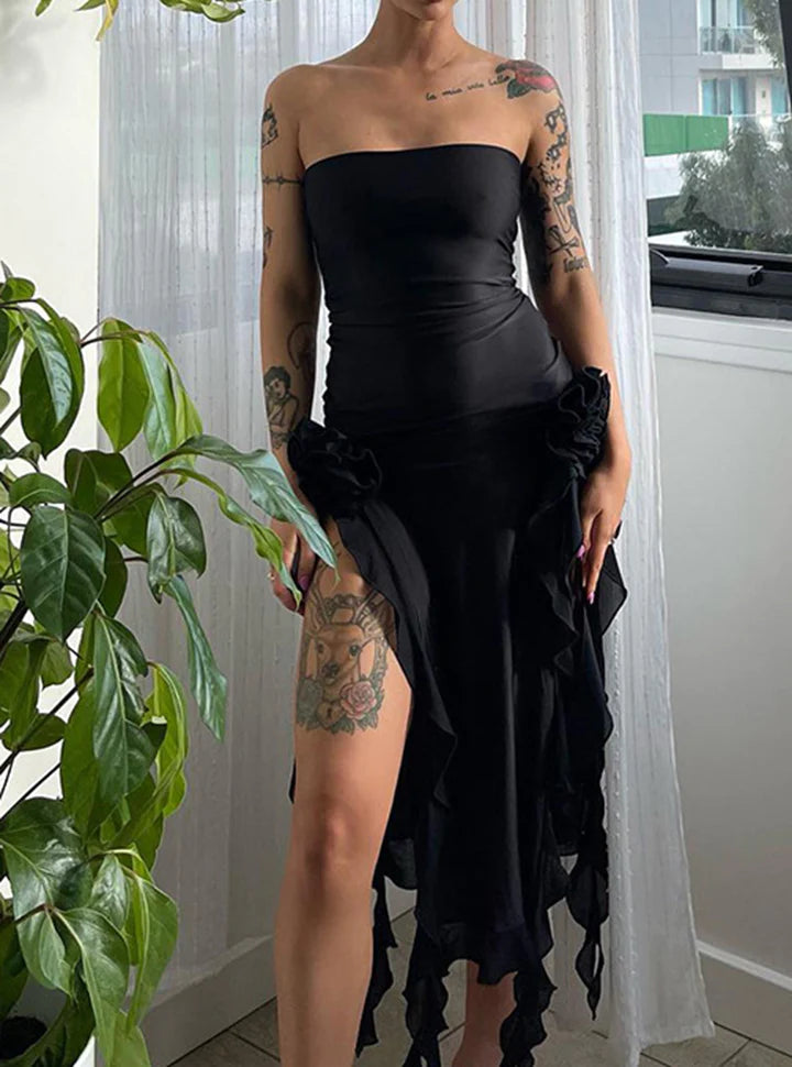 Wrapped Panel Lace Slit Slim Midi Prom Dress