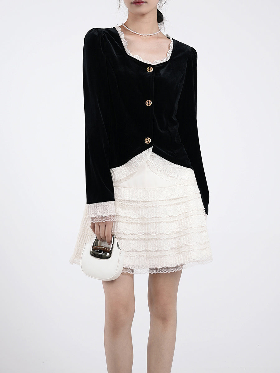 Velvet Top & Lace Skirt Two-Piece Set