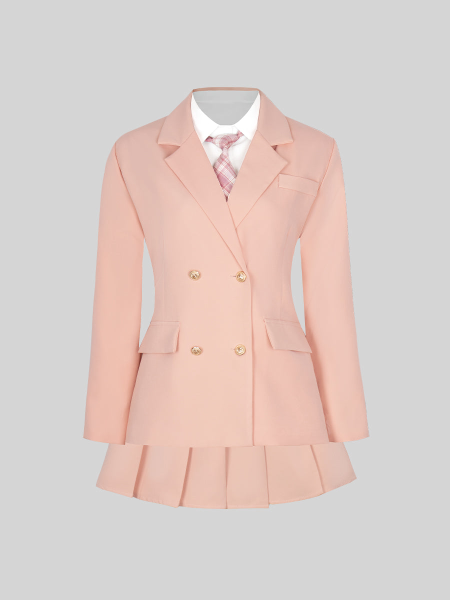 Solid Color Shirt & Skirt & Blazer with Tie Set