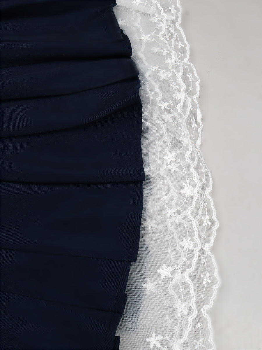 Navy Blue Bubble Sleeve Top&Pleated Skirt Set