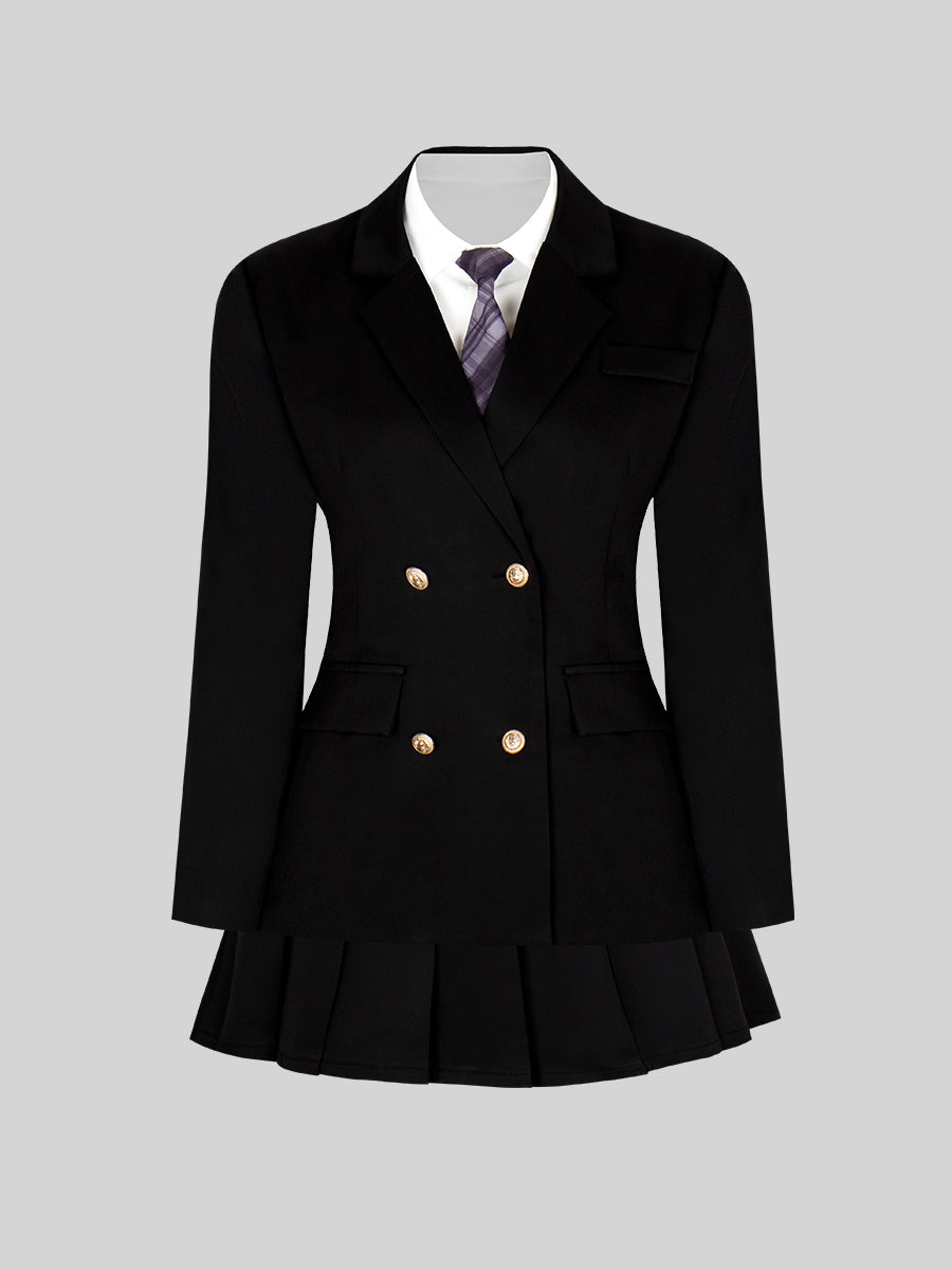 Solid Color Shirt & Skirt & Blazer with Tie Set