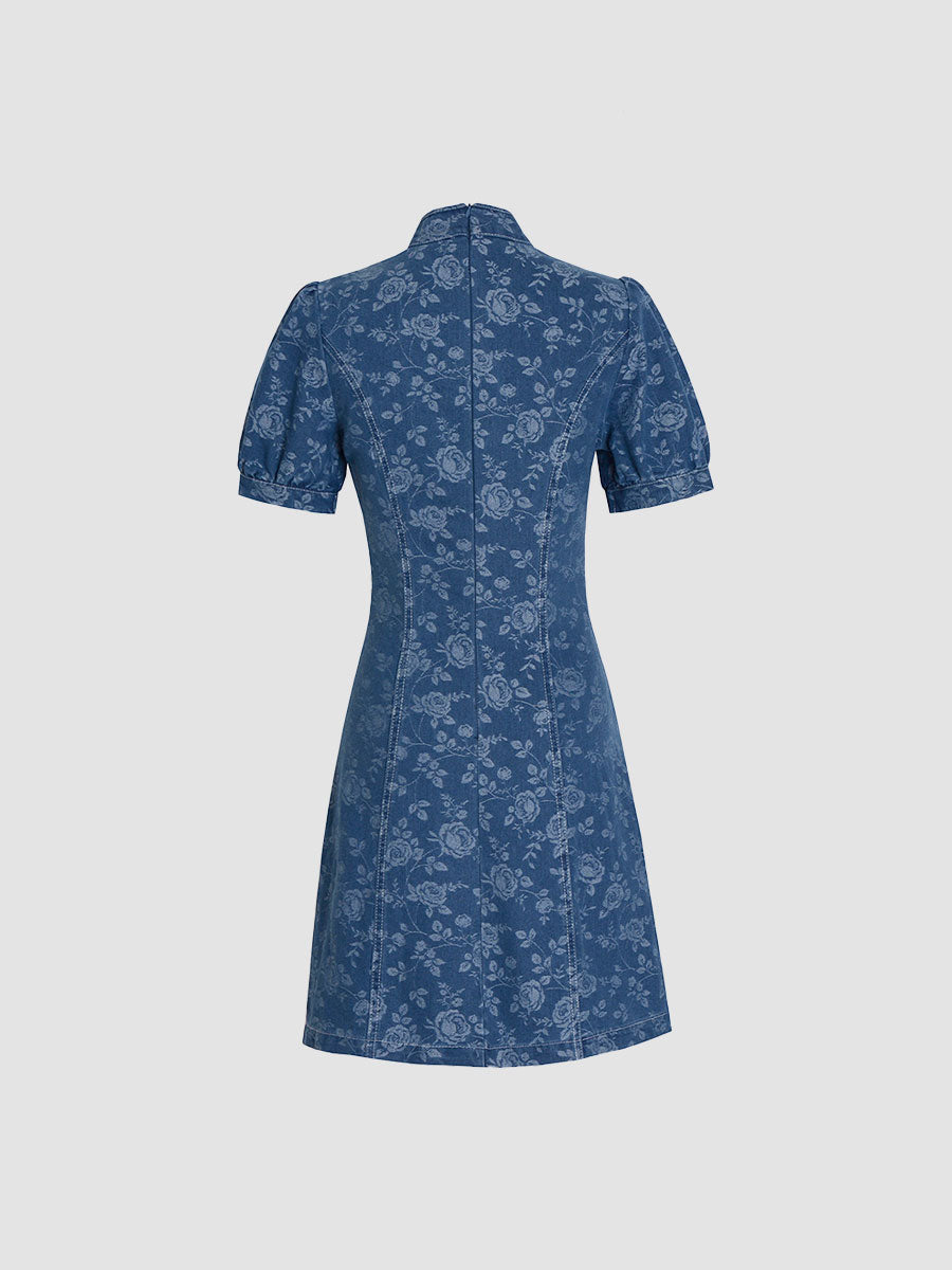 Rose Print Denim Cheongsam Dress