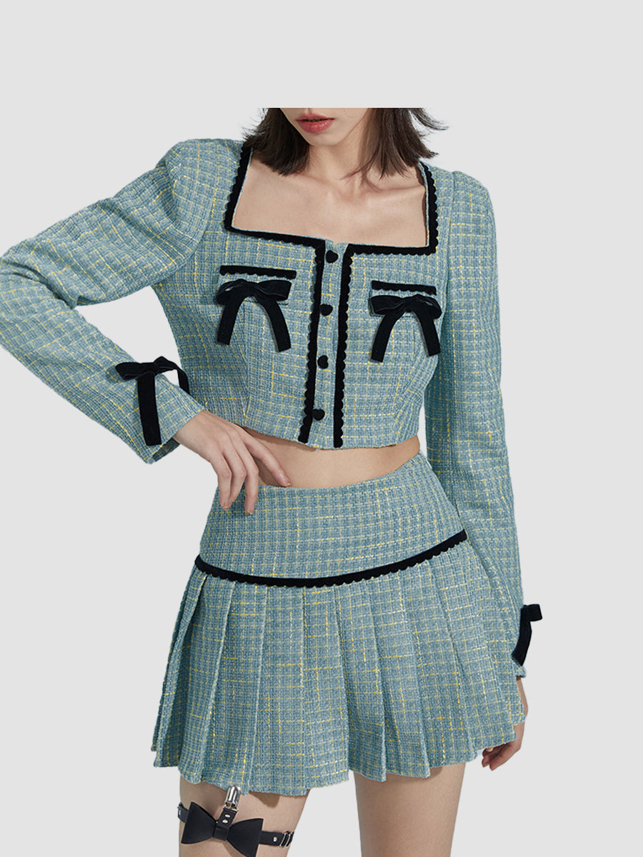 Green Bow Tweed Top&Skirt Set