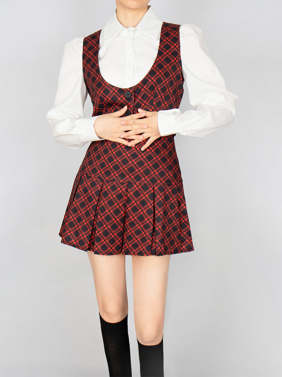 White Shirt + Plaid Vest + Skirt Three Piece Set