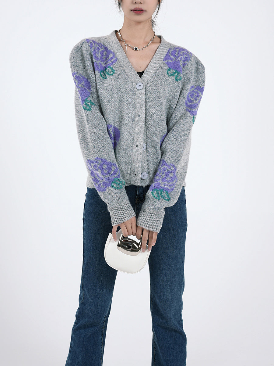 Purple Floral Knitted Cardigan