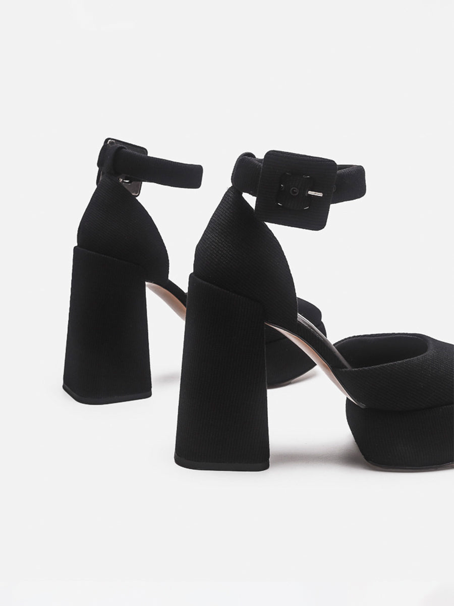 Knitted Ankle Strap Chunky Heeled Platform Pumps