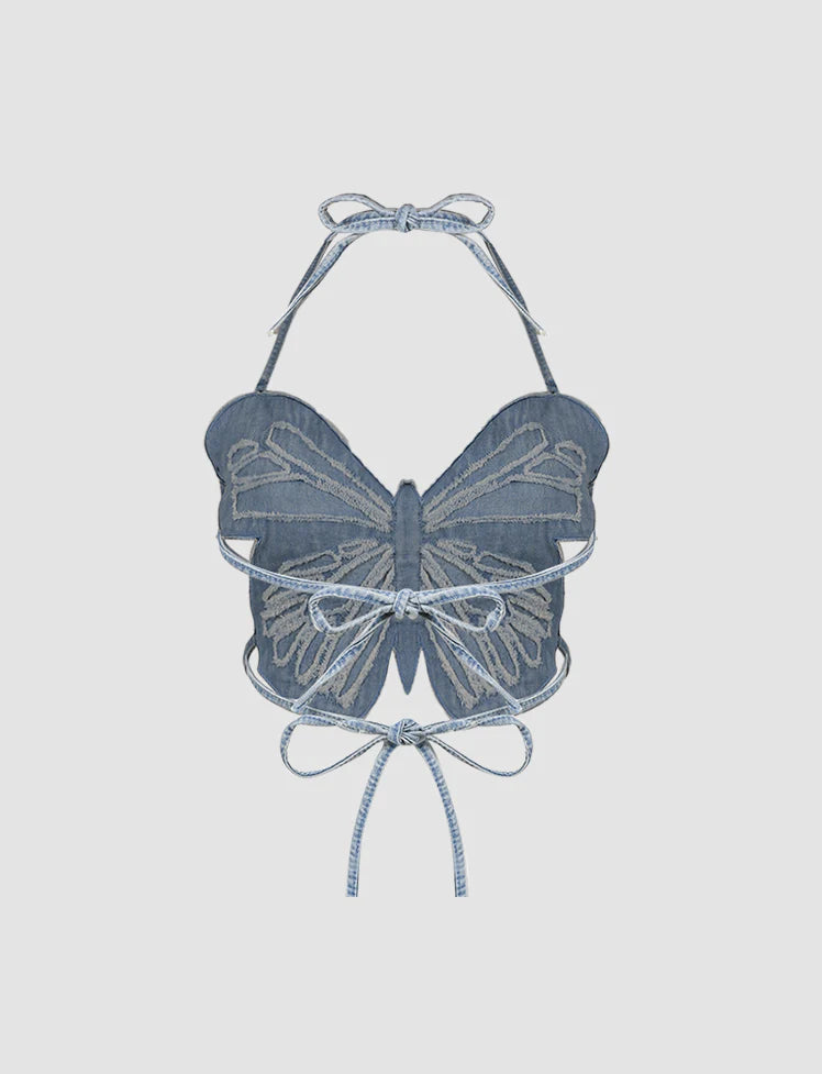 Blue Butterfly Three-dimensional Hollow Halter Top