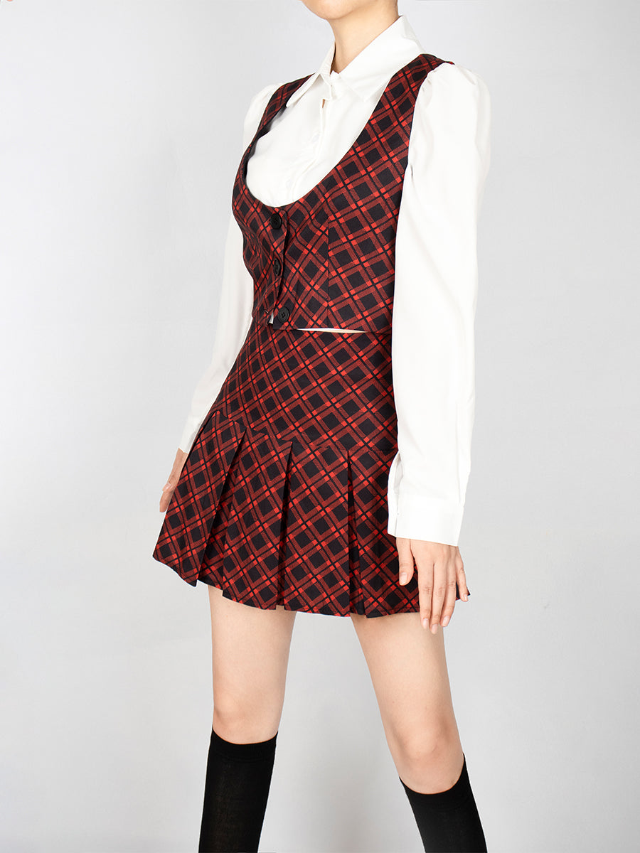 White Shirt + Plaid Vest + Skirt Three Piece Set