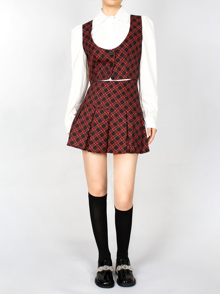 White Shirt + Plaid Vest + Skirt Three Piece Set