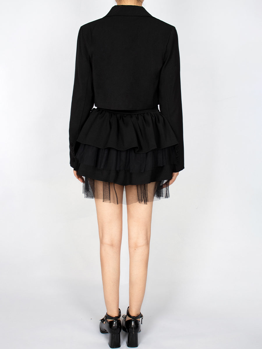 Black Blazer with Chain Belt + Puffy Skirt Set