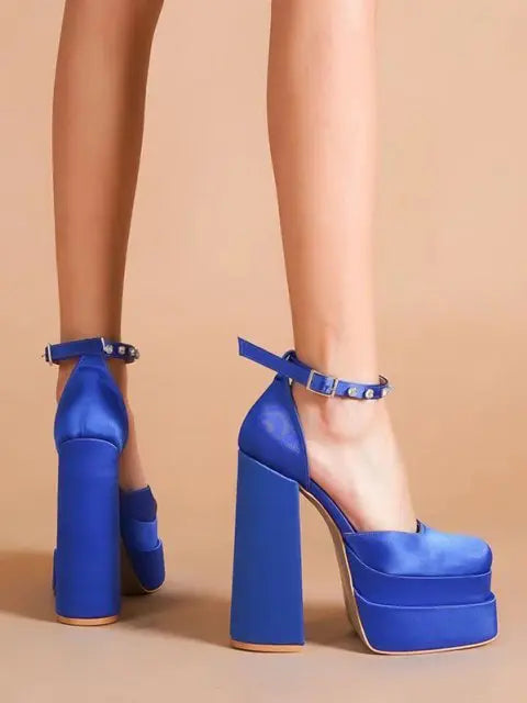 Satin Platform Chunky Heels Ankle Strap Pumps