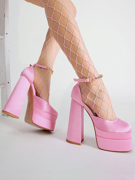 Satin Platform Chunky Heels Ankle Strap Pumps
